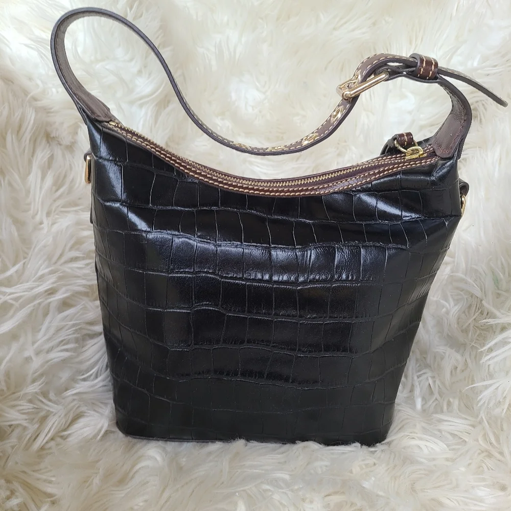 Dooney & Bourke Black Croc-Embossed Leather Hobo with Brown Tassel
